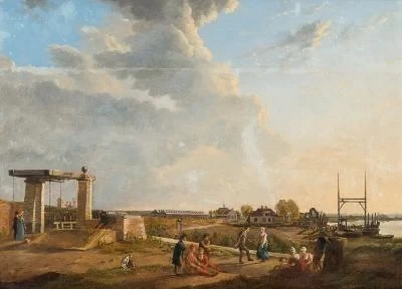 Una città di guarnigione vicino a un fiume con la gente del paese che si raduna in primo piano